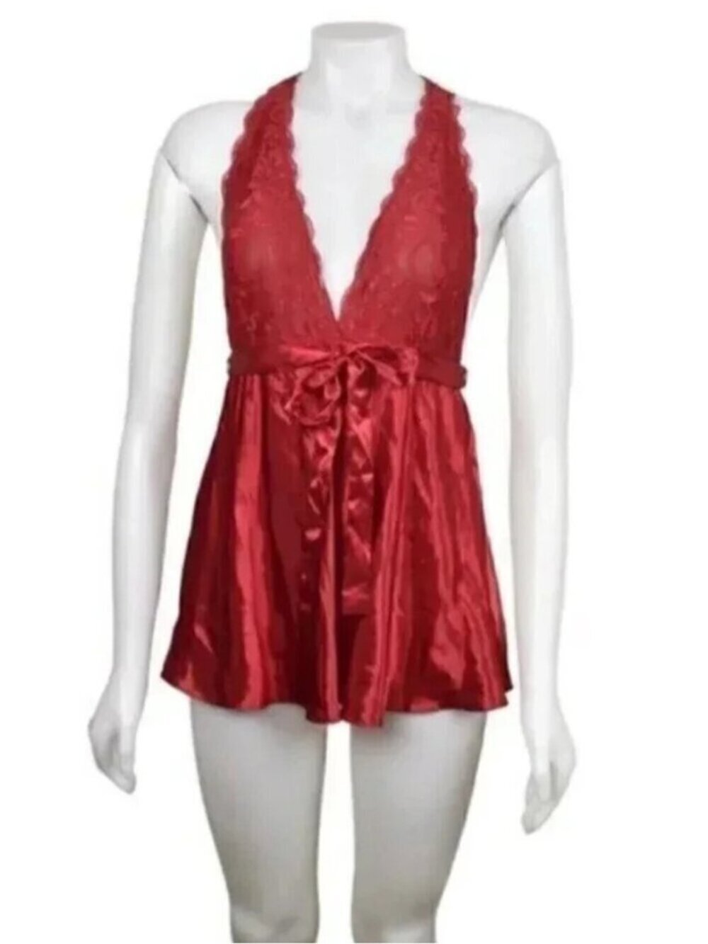 La Vie En Rose Satin Babydoll Lace Tie Waist Deep V Size Small